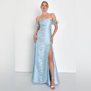 Lulus Endless Blooms Blue Floral Organza Off-the-Shoulder Maxi Dress